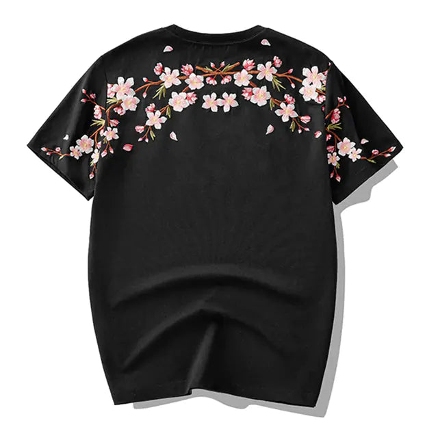 Japan Style Sakura Embroidery Men's Floral T-Shirt