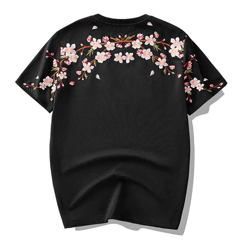 Japan Style Sakura Embroidery Men's Floral T-Shirt