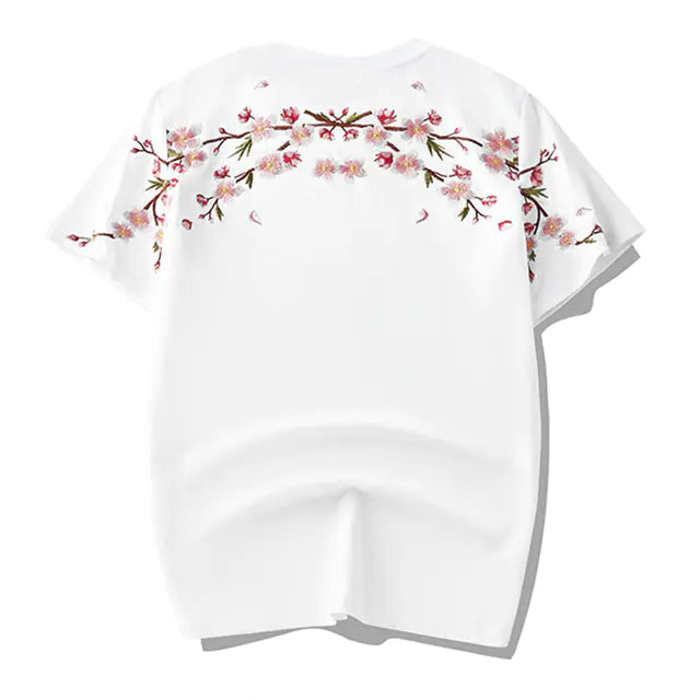 Japan Style Sakura Embroidery Men's Floral T-Shirt