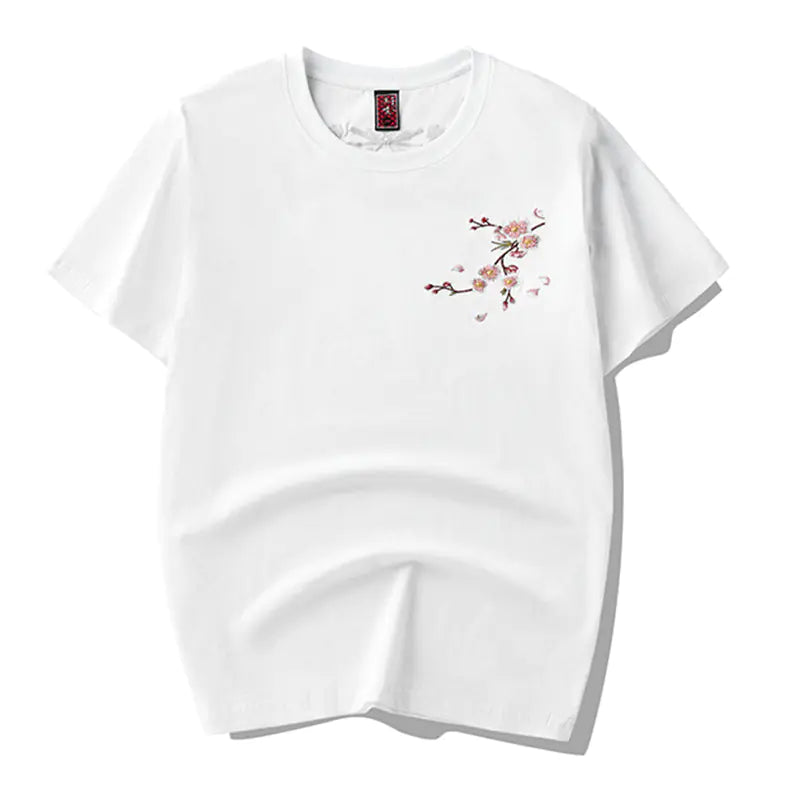 Japan Style Sakura Embroidery Men's Floral T-Shirt